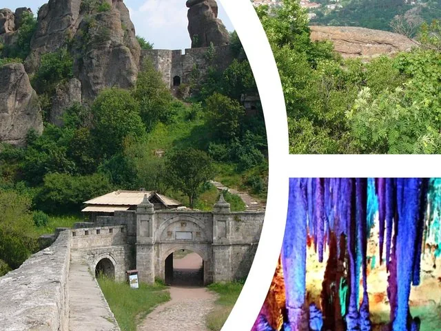 Collage con la Fortezza di Belogradchik, le rocce e le colorate formazioni della grotta.